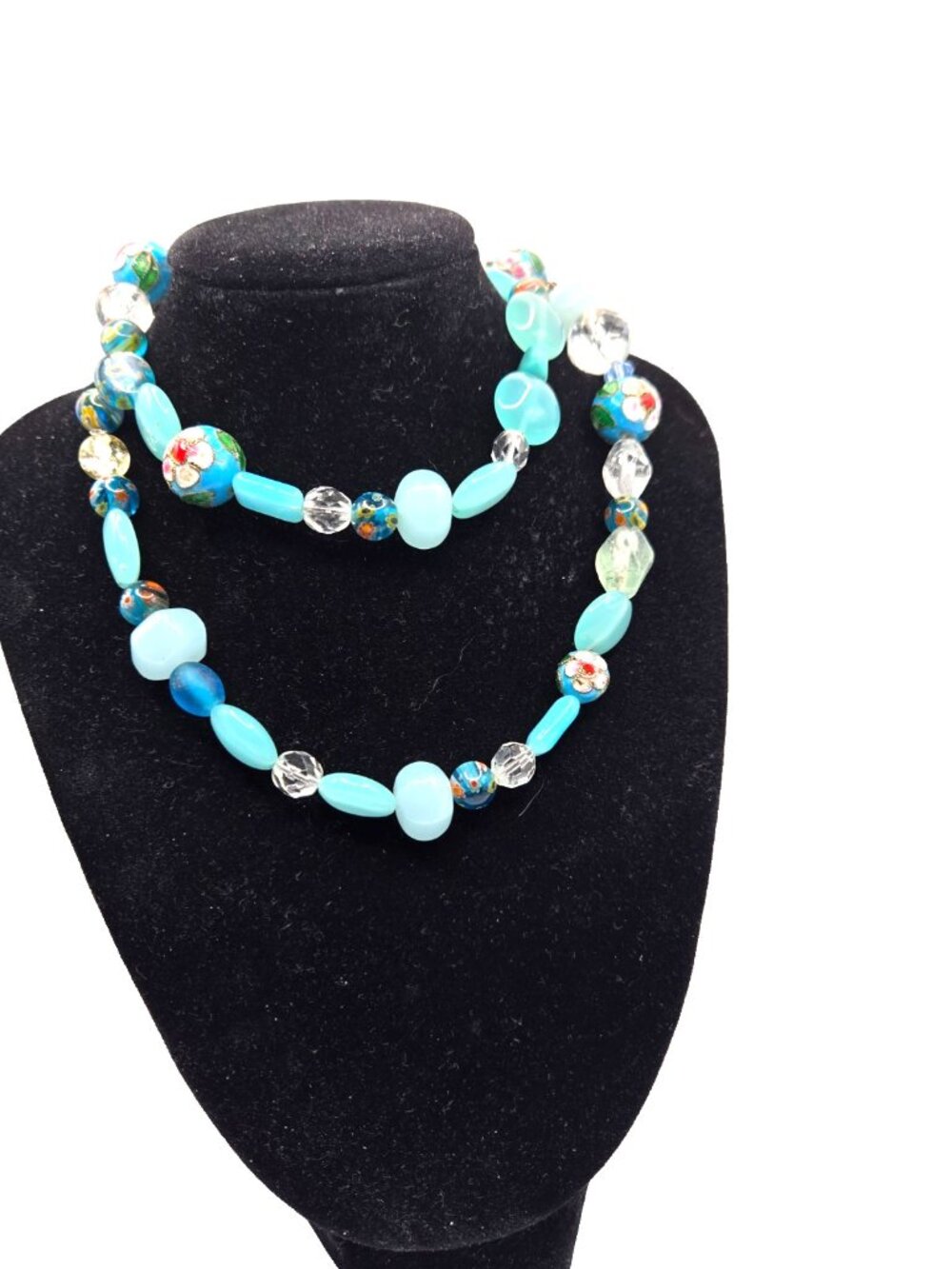 Vintage 925 Sterling Silver Cloisonne Floral Millefiori Glass Bead Necklace